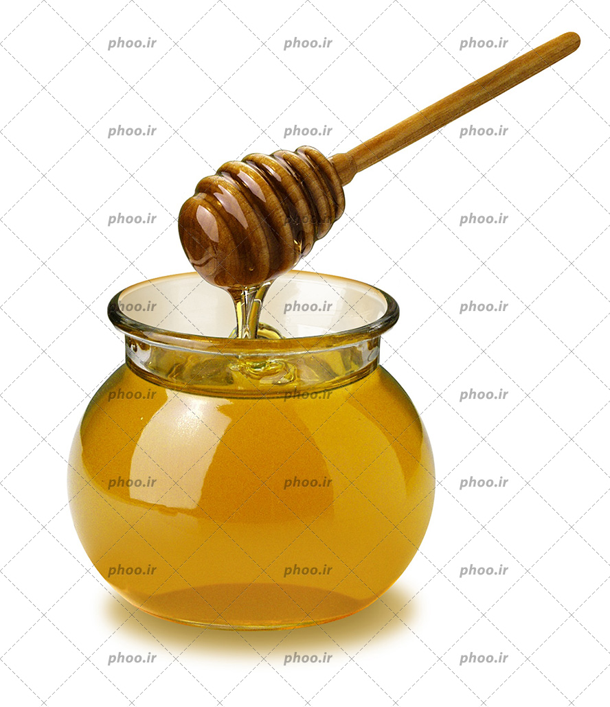 عکس با کیفیت شیشه کوچک عسل تازه و قاشق چوبی عسل