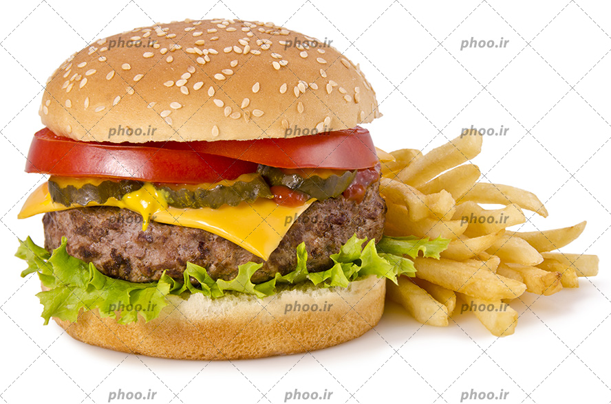 عکس با کیفیت ساندویچ همبرگر خوشمزه در کنار سیب زمینی های سرخ شده در پس زمینه سفید