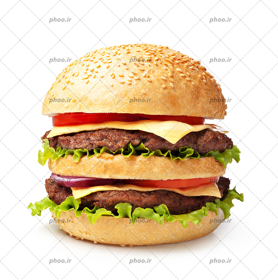 عکس با کیفیت ساندویچ همبرگر لذیذ با نان گنجدی در بک گراند سفید