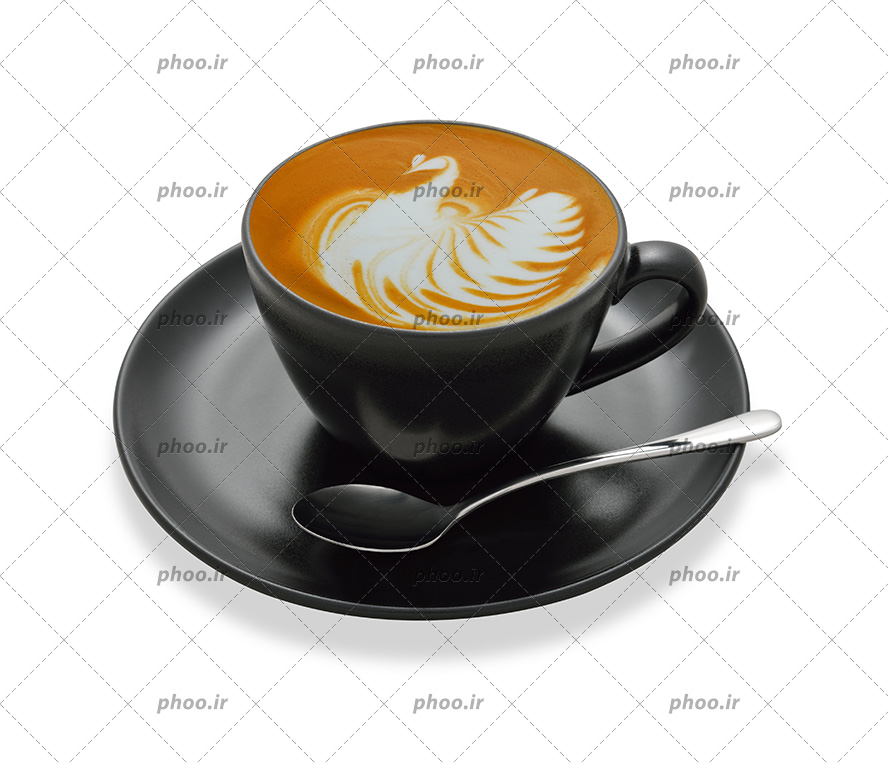 عکس با کیفیت کاپوچینو تزئین شده به شکب پرنده و داخل فنجان مشکی زیبا