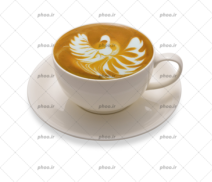 عکس با کیفیت کاپوچینو تزئین شده به شکل پرنده با پر های باز در فنجان سفید در بک گراند سفید