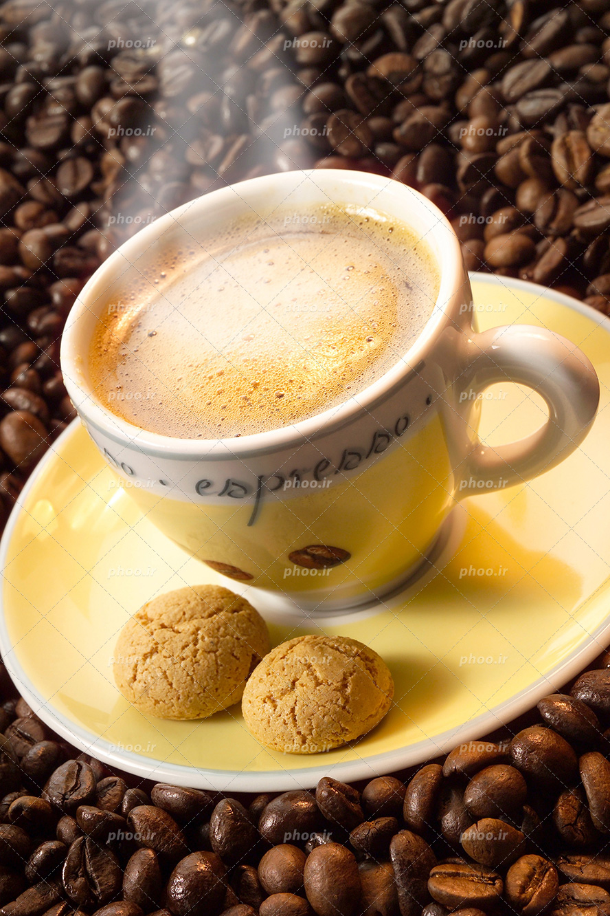 عکس با کیفیت دو عدد بیسکوئیت در کنارفنجان قهوه با قهوه تلخ غرق در دانه های قهوه