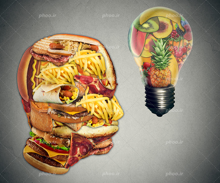 عکس با کیفیت فست فود در کنار هم به شکل سر انسان و سبزیجات و میوه داخل شیشه لامپ
