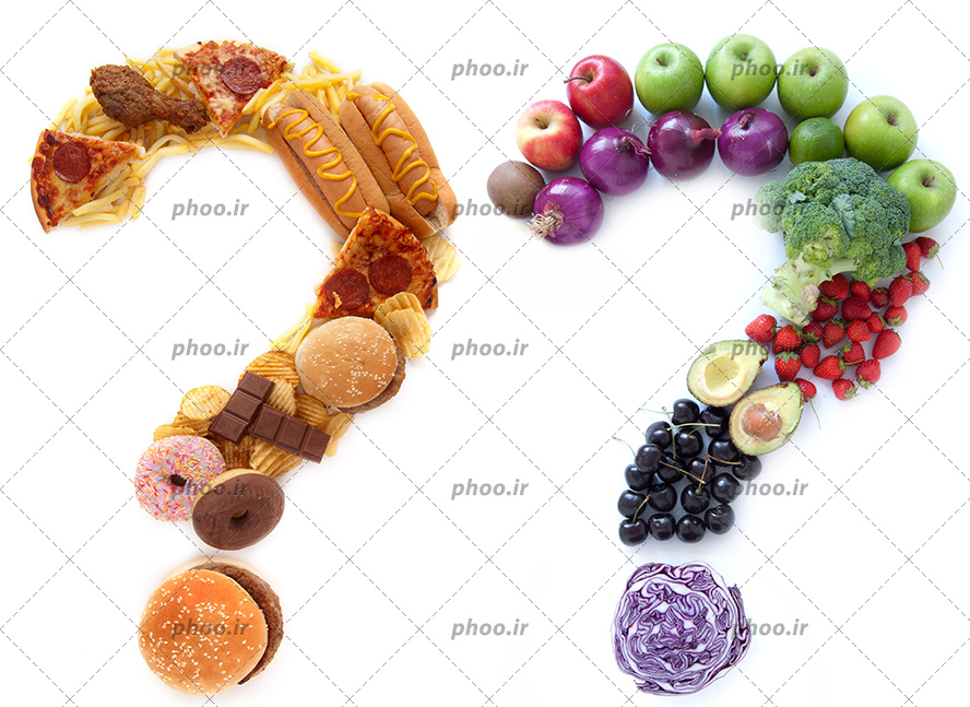 عکس با کیفیت میوه و سبزیجات و فست فود به شکل علامت سوال در کنار یکدیگر در پس زمینه سفید