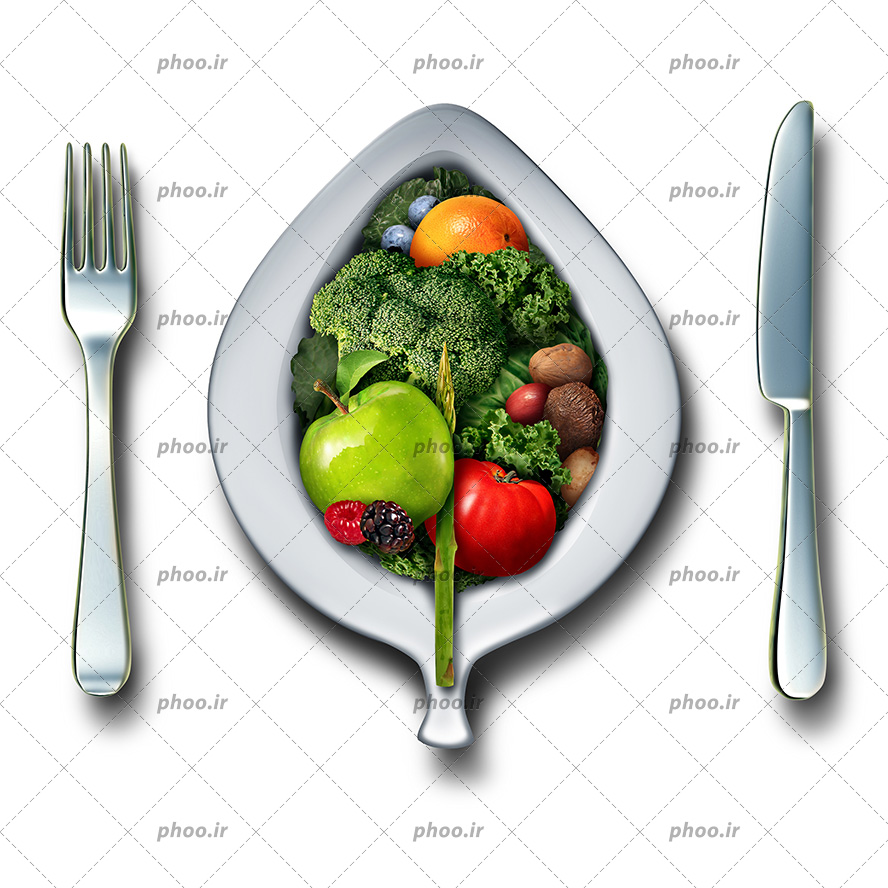 عکس با کیفیت سبزیجات و میوه های سالم و تازه داخل ظرف فلزی و کارد و چنگال در کنارش