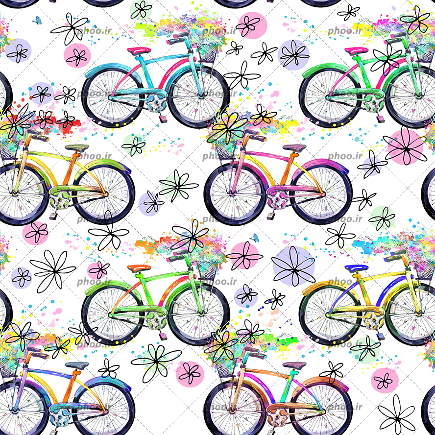 عکس با کیفیت دوچرخه های رنگارنگ در کنار یکدیگر در پس زمینه سفید با گل های رنگی زیبا و تصویر قابل تکرار است