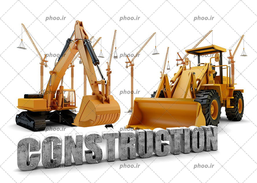 عکس با کیفیت ماشین های خاک برداری به رنگ زرد و کلمه انگلیسی کانستراکشن به معنای ساخت و ساز در مقابل ماشین های ساخت و ساز