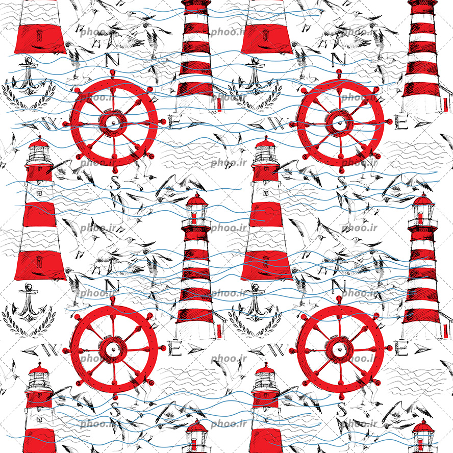 عکس با کیفیت فانوس دریایی به رنگ قرمز و سفید و سکان کشتی به رنگ قرمز و مرغ دریایی در حال پرواز و خط هایی به شکل موج در بک گراند این تصویر قابلیت تکرار دارد
