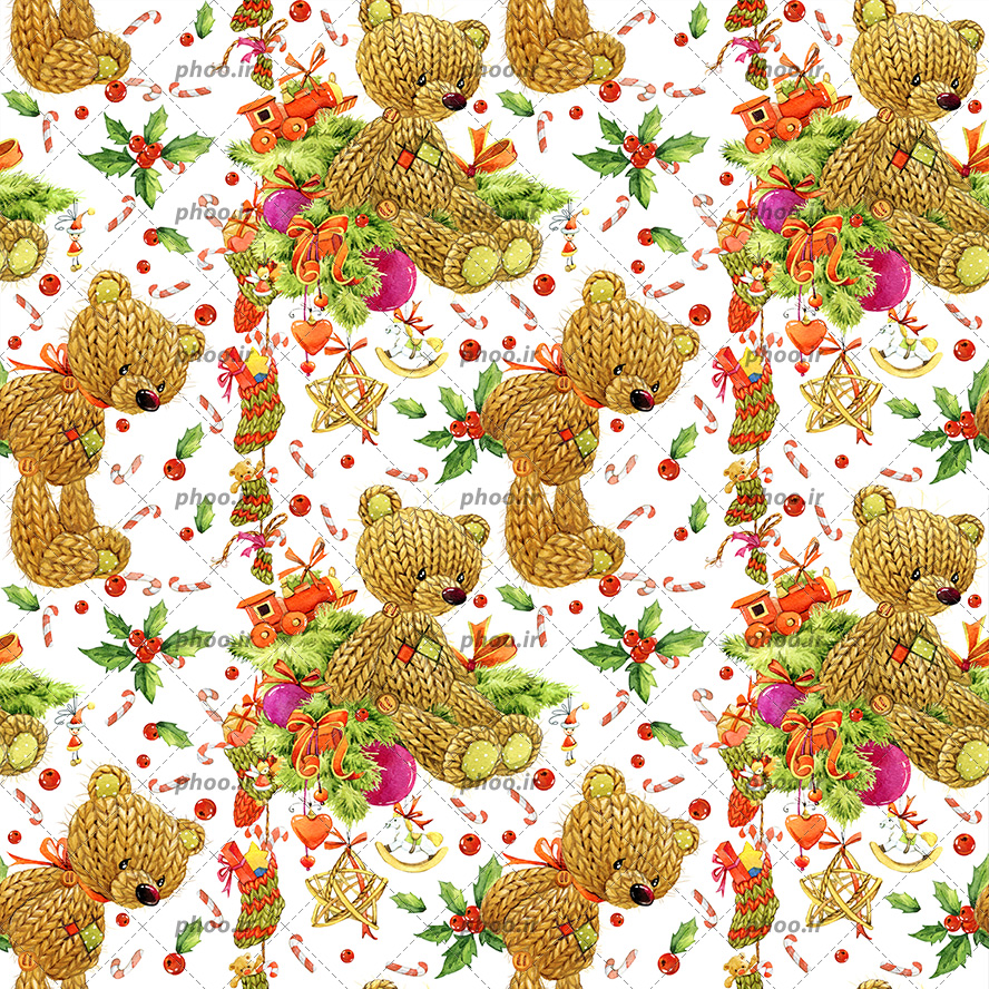 عکس با کیفیت خرس بافتنی به رنگ قهوه ای در کنار درخت کریسمس و در بک گراند سفید و قابلیت تکرار دارد