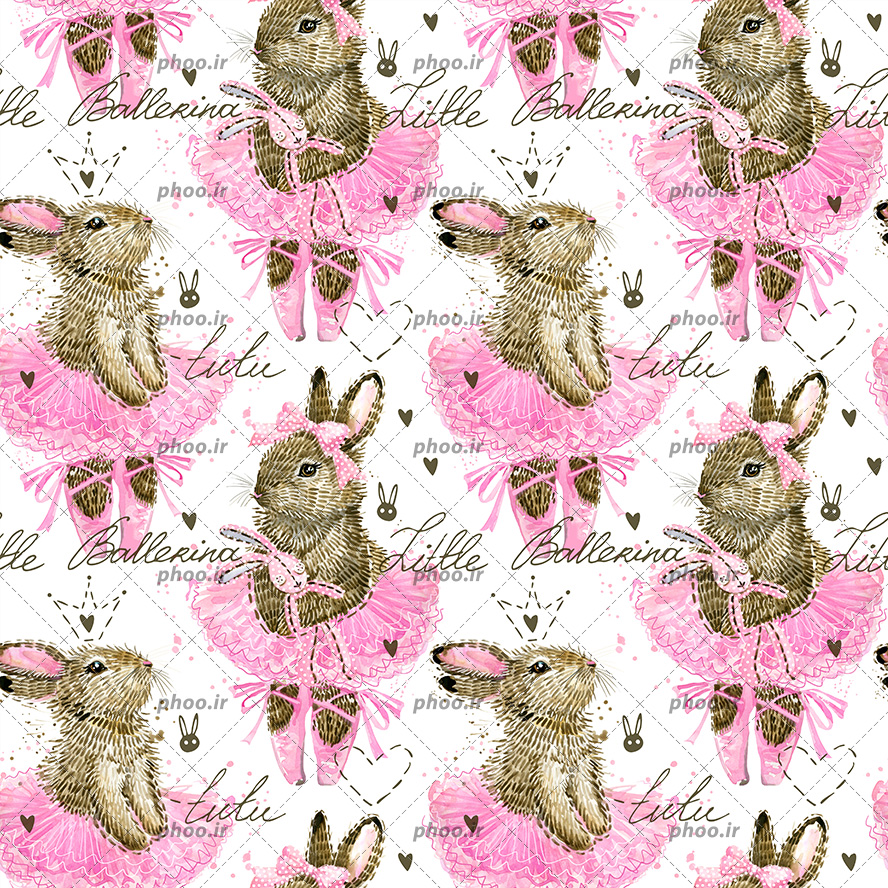 عکس با کیفیت خرگوش های زیبا با دامن های صورتی در حال رقص باله و بک گراند به رنگ سفید و با قابلیت تکرار