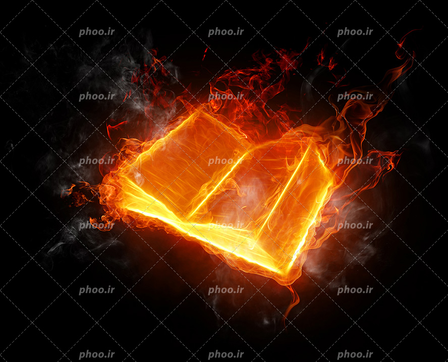 عکس با کیفیت دفتری از جنس آتش و شعله های آتش در اطراف آن در بک گراند مشکی