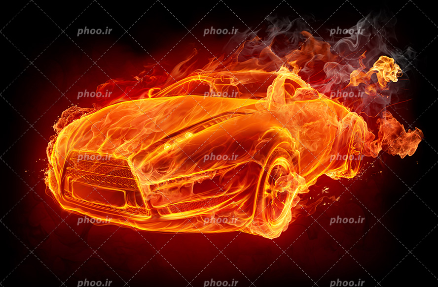 عکس با کیفیت ماشین لوکس با شعله های آتش در بک گراند مشکی