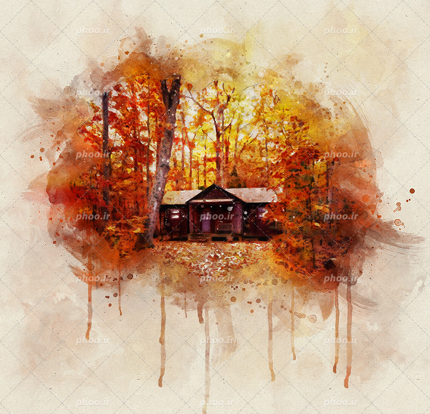 عکس با کیفیت نقاشی کلبه چوبی و درختان پاییزی کشیده بر روی کاغذ کاهی با متریال آبرنگ