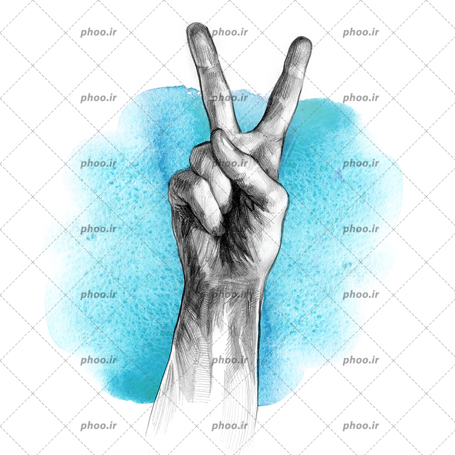 عکس با کیفیت نقاشی دست در حال نشان دادن علامت پیروزی و پس زمینه به رنگ آبی