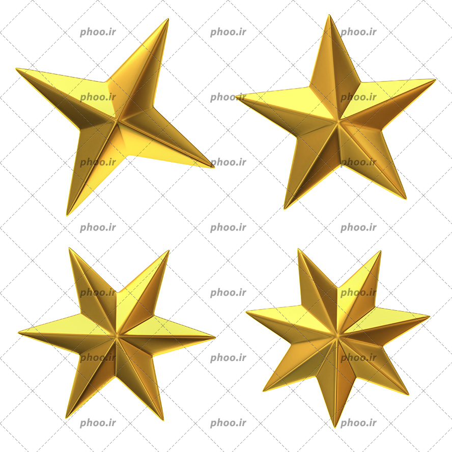 عکس با کیفیت ستاره های سه بعدی طلایی چهار پر و پنج پر و شش پر و هفت پر در کنار یکدیگر در پس زمینه سفید