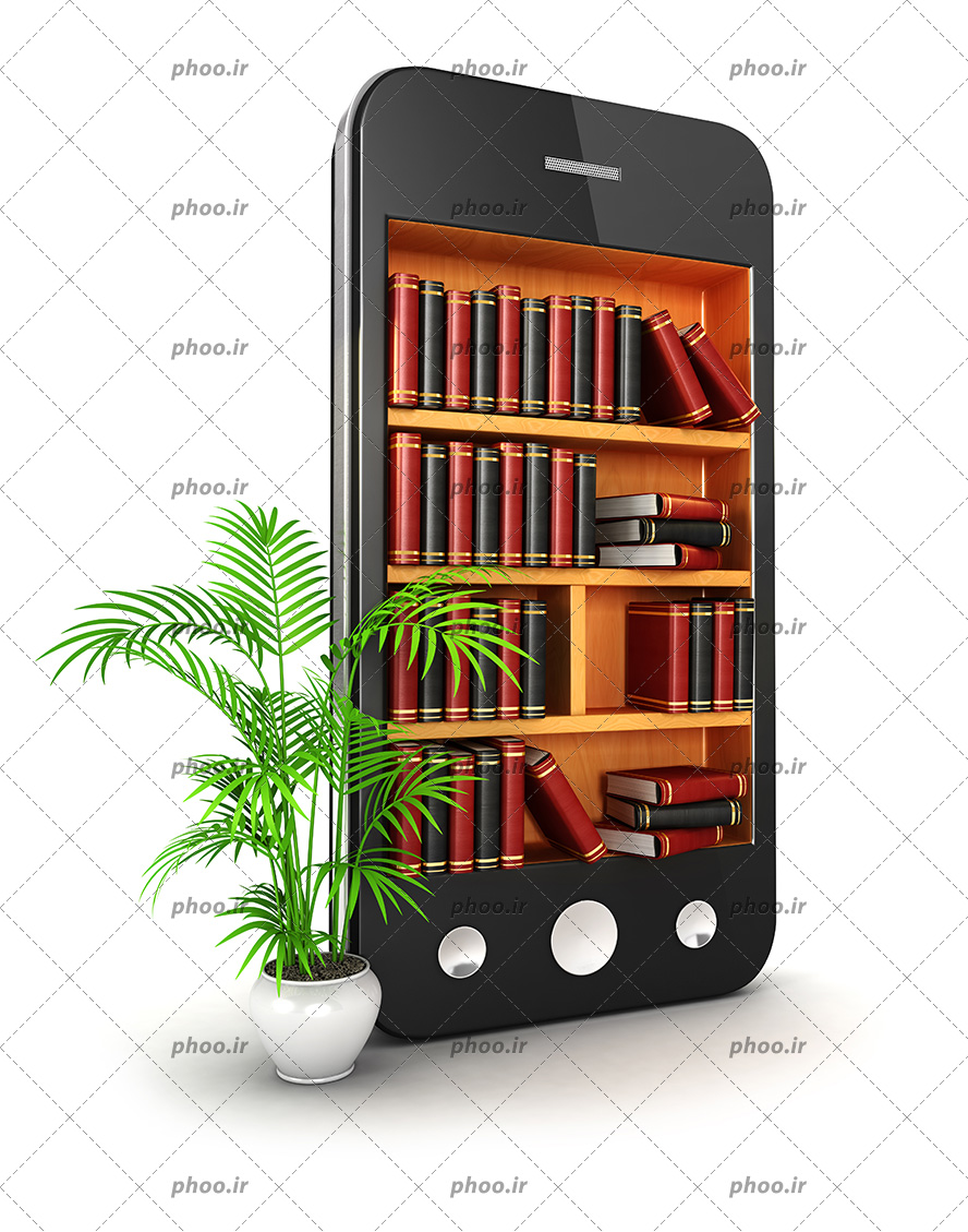 عکس با کیفیت ال سی دی موبایل به شکل کتابخانه و یک گلدانه زیبا در کنار موبایل