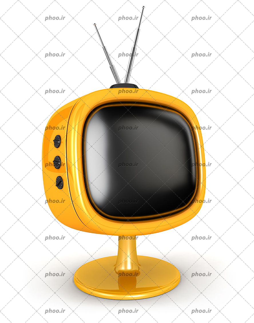 عکس با کیفیت تلویزیون قدیمی زرد همراه با پایه و آنتن دو شاخه در پس زمینه سفید