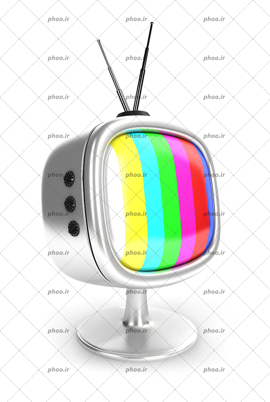 عکس با کیفیت تلویزیون قدیمی نقره ای با پایه و آنتن دو شاخه در پس زمینه سفید