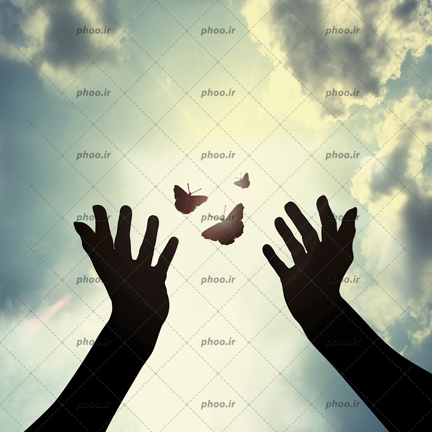عکس با کیفیت دو دست در حال رها کردن پروانه ها به سمت آسمان آبی