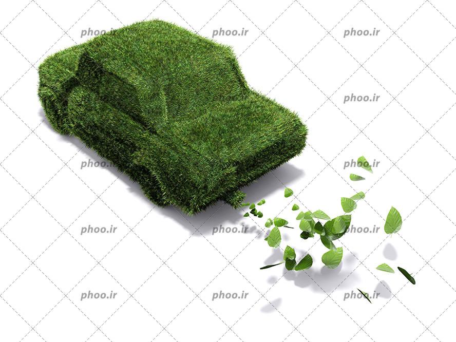 عکس با کیفیت پیکان پوشیده شده از چمن های مصنوعی و خارج شدن برگ های سبز از داخل اگزوز ماشین
