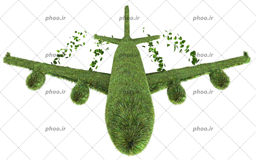 عکس با کیفیت هواپیمای پوشیده شده با چمن مصنوعی و خارج شدن برگ های سبز از موتور های هواپیما