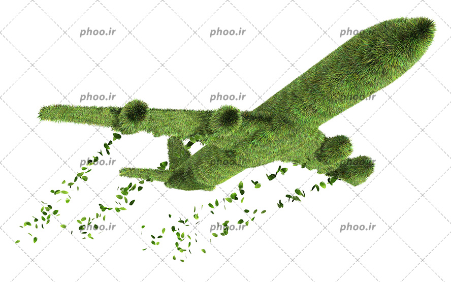 عکس با کیفیت هواپیما در حال تیک آف و پوشیده شده از چمن مصنوعی و خارج شدن برگ های سبز از موتور هواپیما و پس زمینه به رنگ سفید
