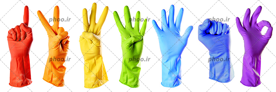 عکس با کیفیت دستکش های رنگارنگ در حال نشان دادن اعداد با دست در کنار یکدیگر