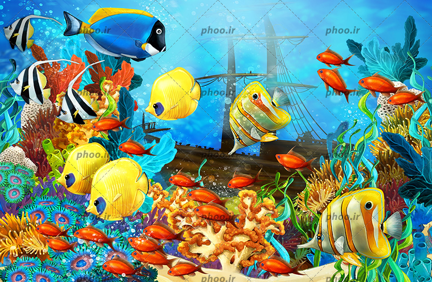 عکس با کیفیت نقاشی کشتی غرق شده در کف اقیانوس و ماهی های زیبا در حال شنا در کنار گیاهان دریایی