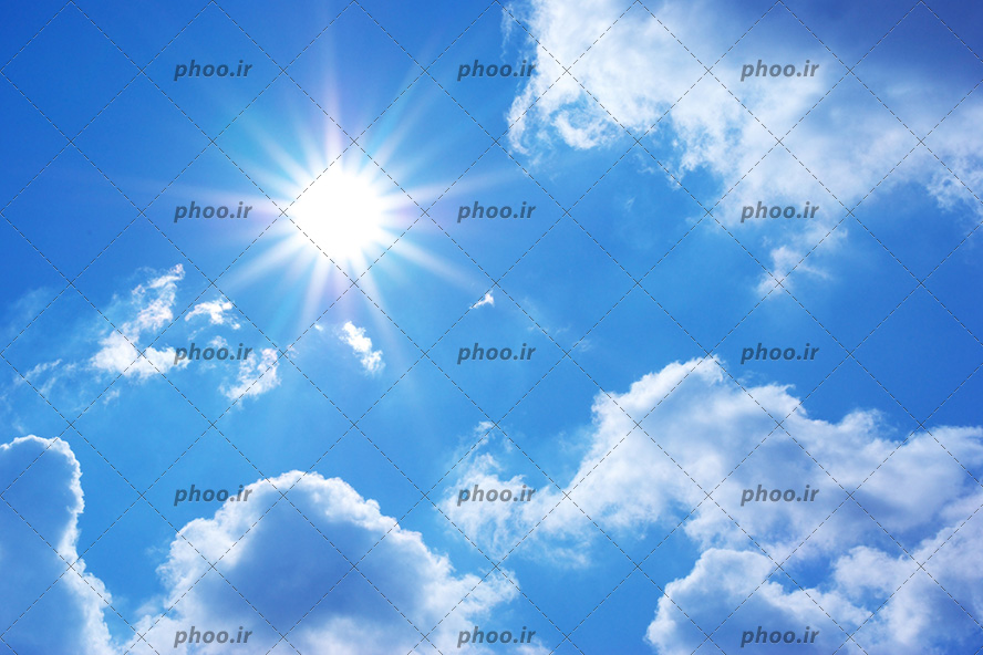 عکس با کیفیت درخشش خورشید در آسمان آبی و پاکیره و ابر های سفید