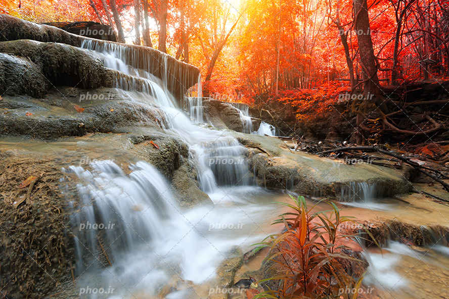 عکس با کیفیت آبشار بسیار زیبا و طبیعت بکر جنگل با درختان پاییزی با برگ های قرمز زیبا و تابیدن خورشید در آسمان