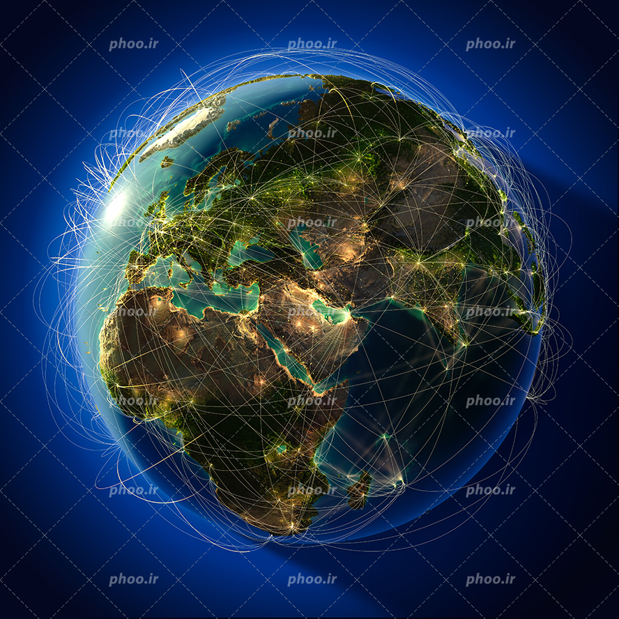 عکس با کیفیت کابل های نوری طلایی رنگ وصل شده به نقاط مختلف بر روی کره زمین