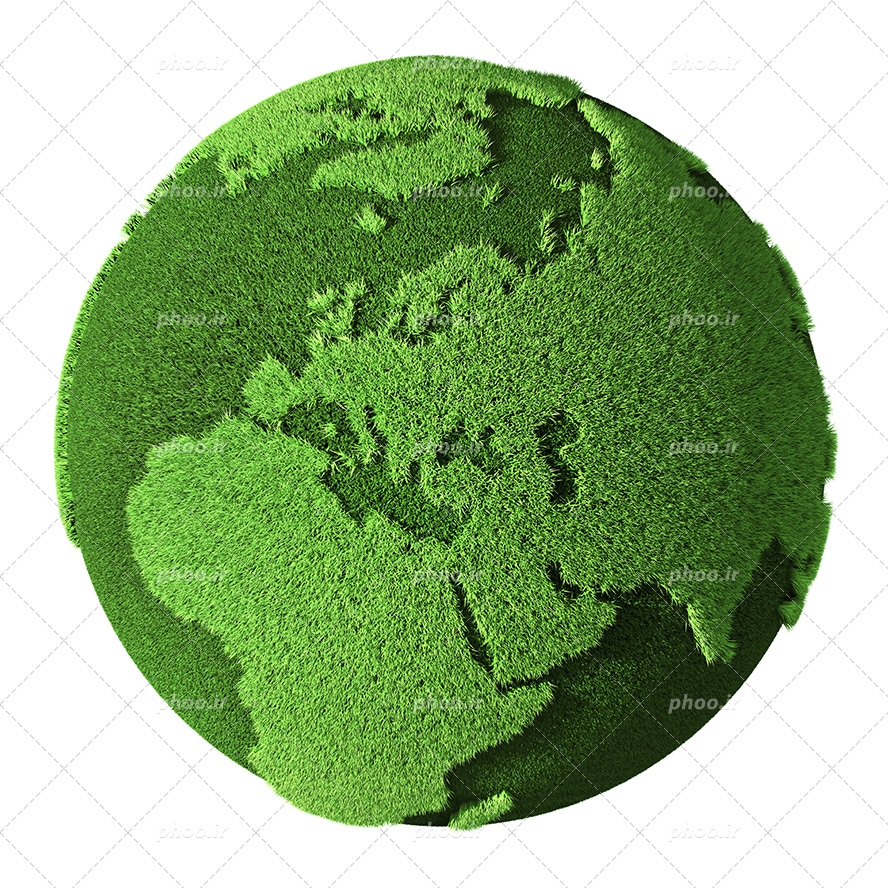 عکس با کیفیت قاره ها و کره زمین پوشیده شده از چمن های سبز و پس زمینه به رنگ سفید