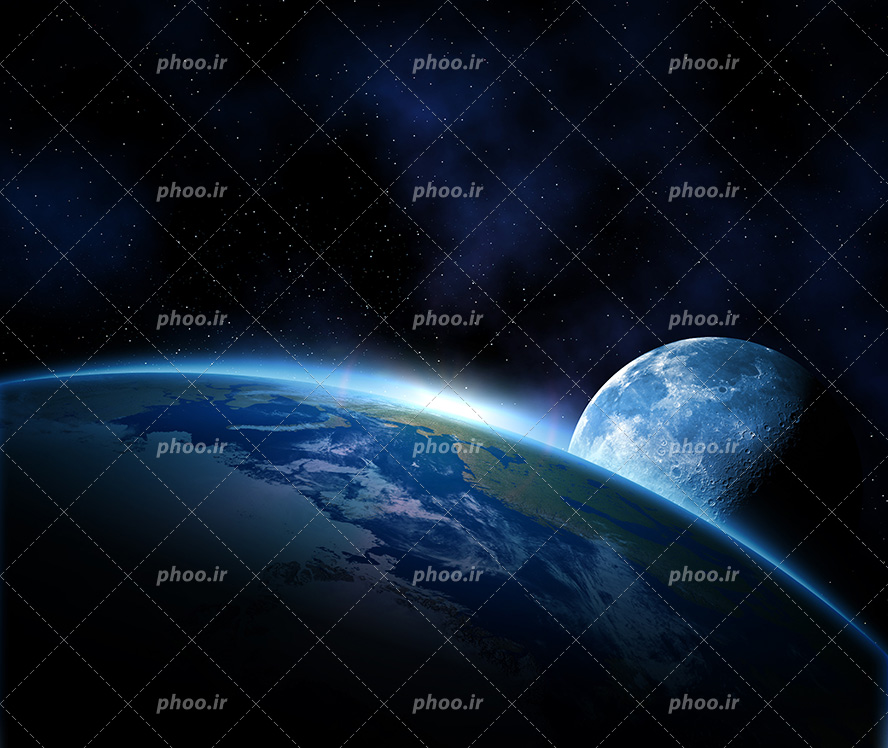 عکس با کیفیت هاله ای نور به دور کره ی زمین و کره ماه در نزدیکی کره زمین