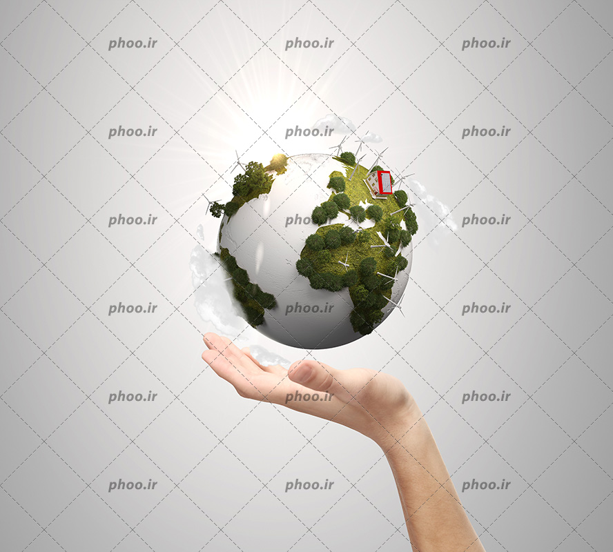 عکس با کیفیت کره زمین و زمین پوشیده شده از از چمن و درخت های سبز و نیروگاه بادی در دست زن