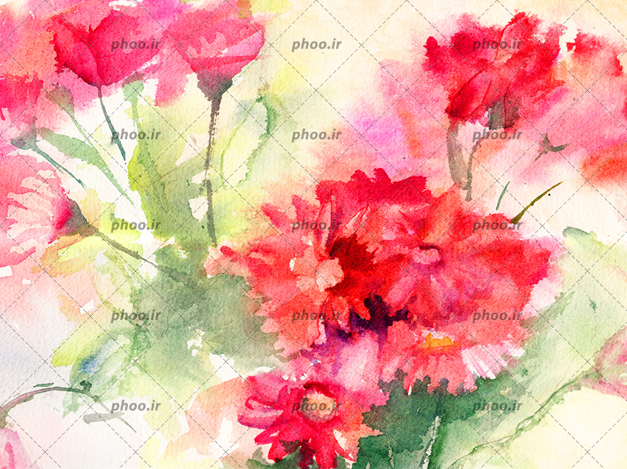 عکس با کیفیت نقاشی آبرنگ با تکنیک خیس در خیس گل های زیبای قرمز رنگ همراه با برگ های سبز