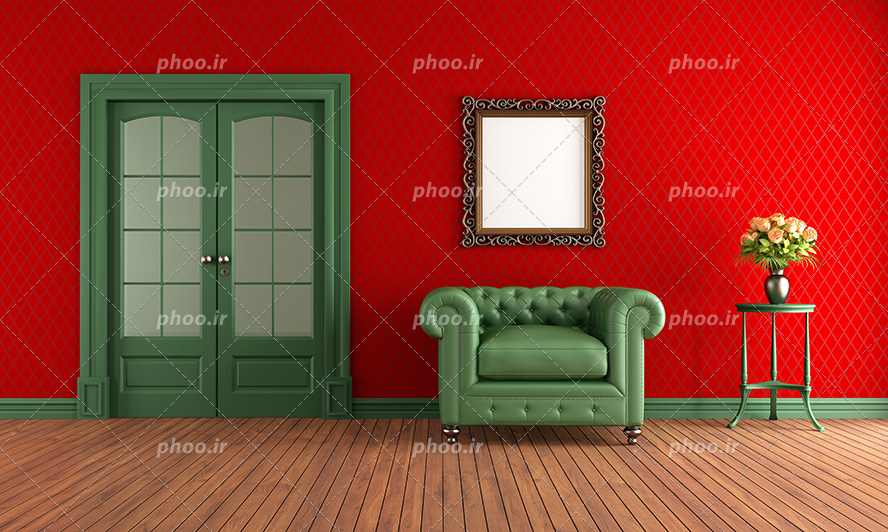 عکس با کیفیت دیوار به رنگ قرمز و در بزرگ به رنگ سبز و مبل یک نفره به رنگ سبز در کنار میز زیبا به رنگ سبز و گلدان زیبا بر روی میز و تابلوی زیبا بر روی دیوار و زمین پارکت شده