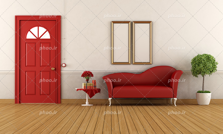 عکس با کیفیت مبل فانتزی به رنگ قرمز و میز کوچک در کنارش و گلدان بزرگ در کنار مبل و دو تابلو با قاب طلایی و در قرمز و زمین پوشیده از پارکت چوبی