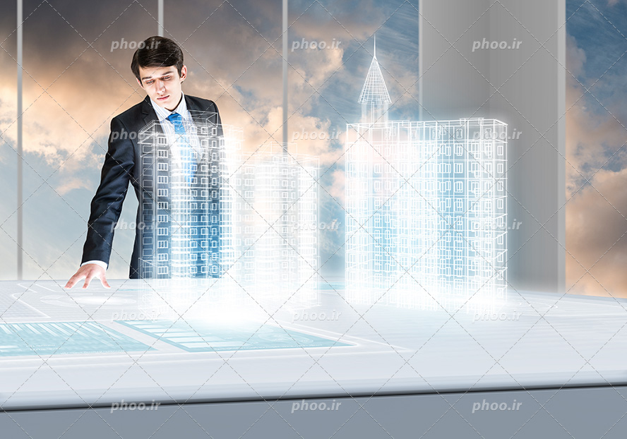 عکس با کیفیت نمایشگر سه بعدی در حال نشان دادن برج های مرتفع و مهندس در حال نظارت بر روی پروژه