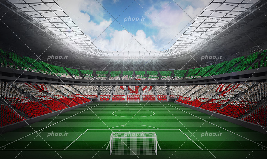 عکس با کیفیت ورزشگاه بزرگ با زمین سرسبز و صندلی تماشاگران به شکل پرچم ایران