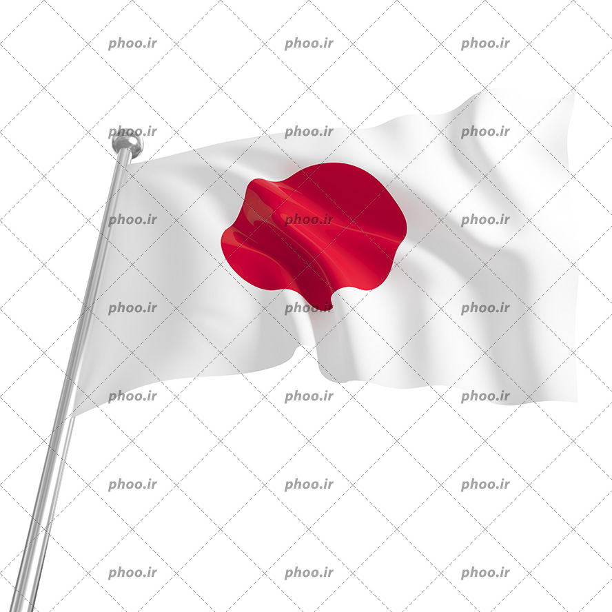 عکس با کیفیت پرچم کشور ژاپن وصل شده به میله ی نقره ای در پس زمینه سفید