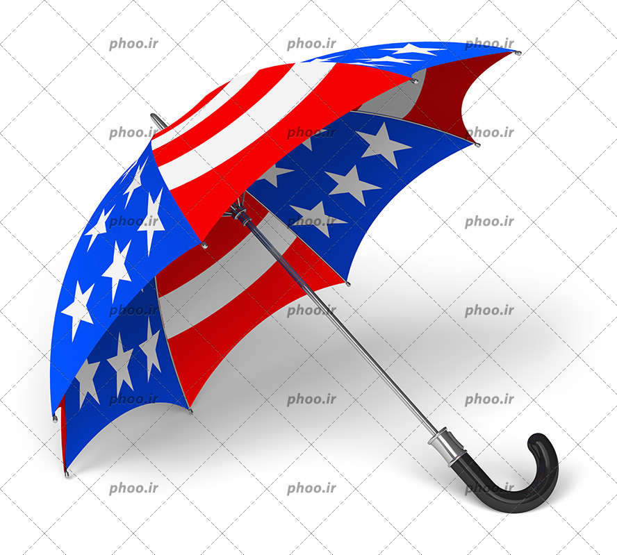 عکس با کیفیت چتر باز شده با طرح پرچم آمریکا قرار گرفته در پس زمینه سفید