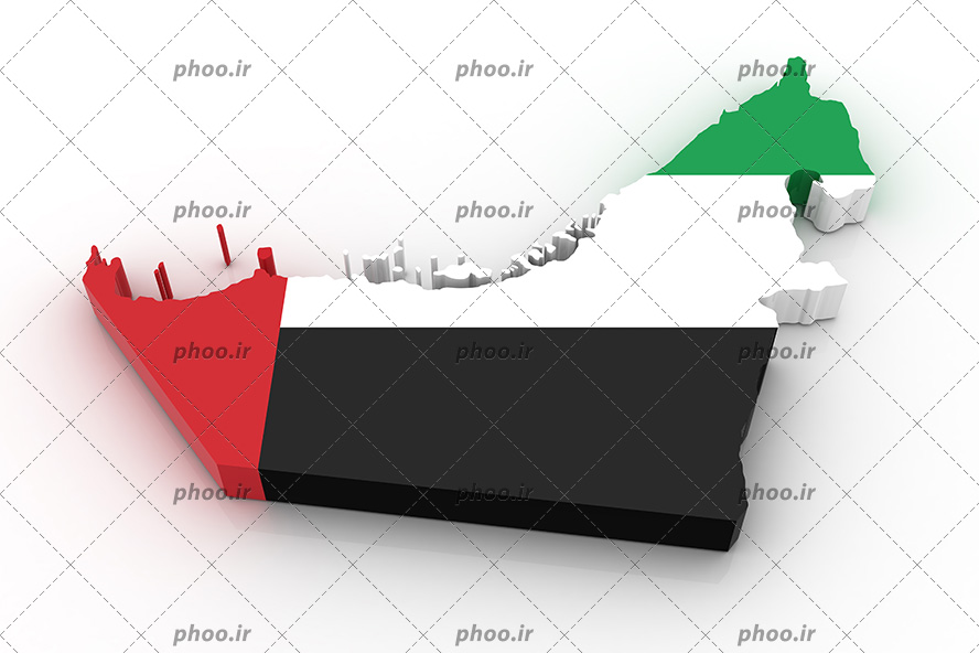 عکس با کیفیت نقشه ی کشور امارات به شکل سه بعدی با طرح پرچم امارات در پس زمینه سفید