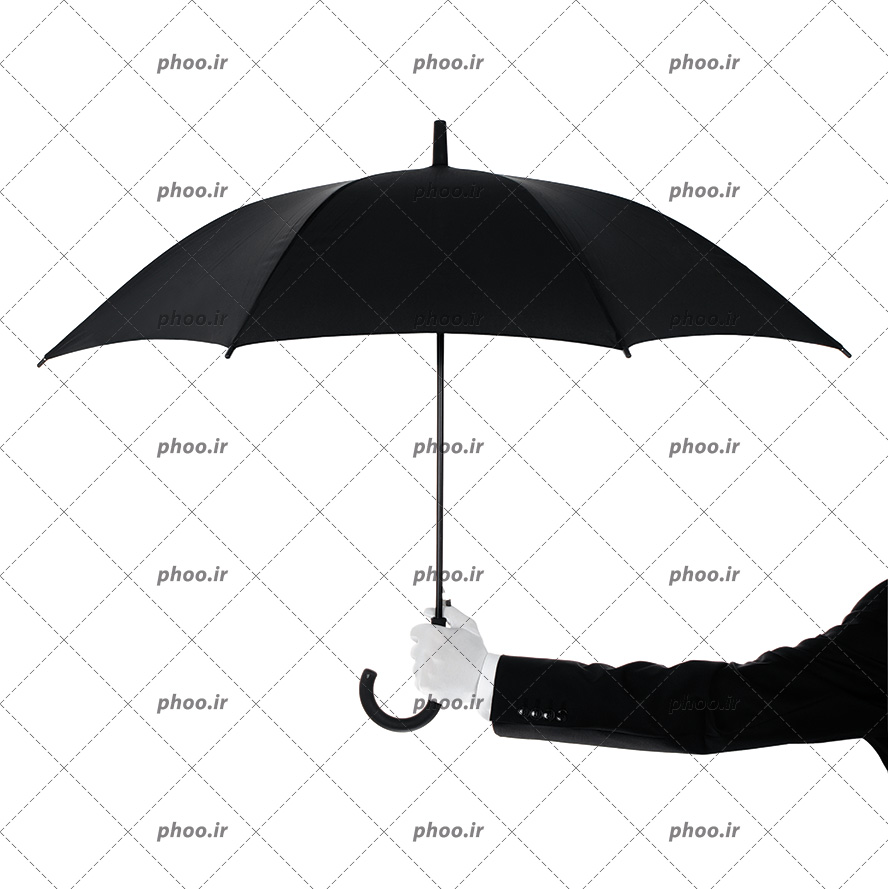 عکس با کیفیت چتر مشکی در دست مرد با کت مشکی و دستکش سفید در پس زمینه سفید