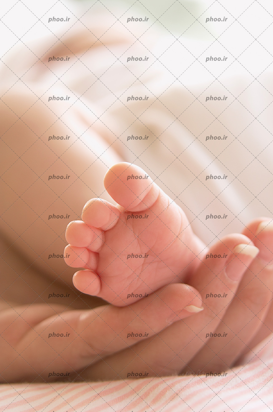 عکس با کیفیت پای نوزاد در دست زن از نمای نزدیک
