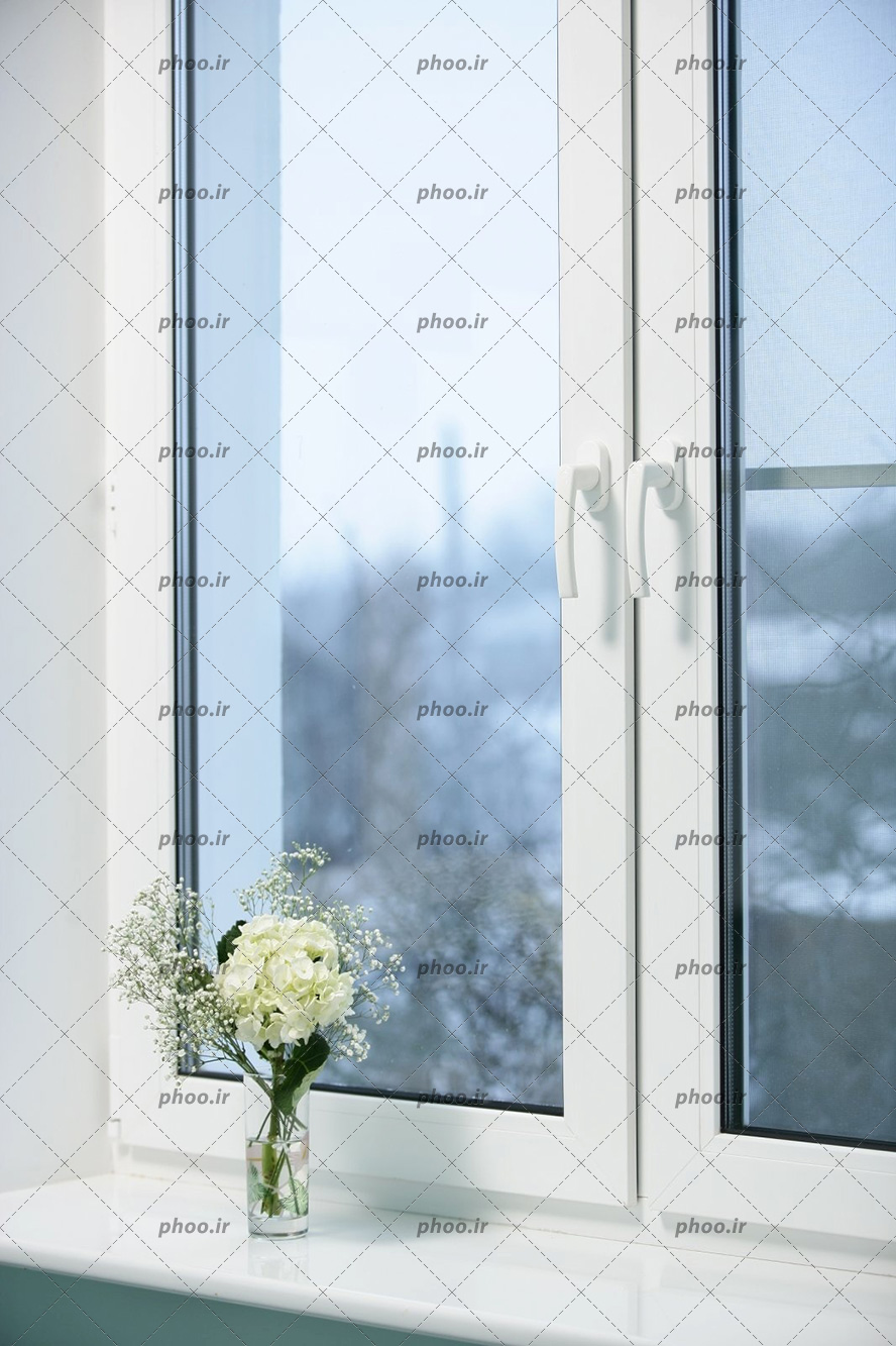 عکس با کیفیت گلدان شیشه ای کوچک با گل زیبا داخلش در کنار پنجره ی دوجداره سفید