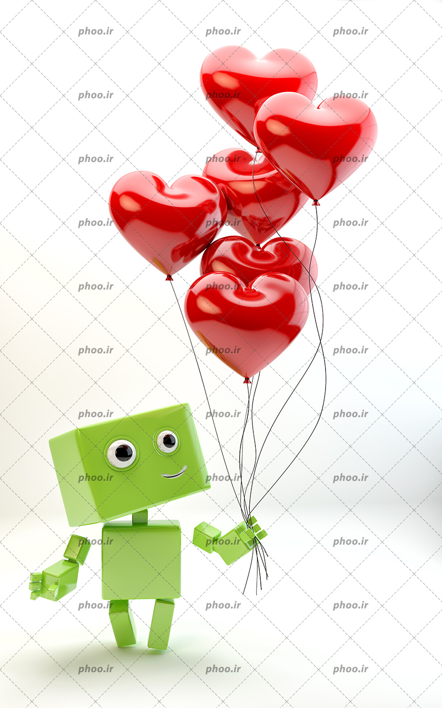 عکس با کیفیت بادکنک های قرمز به شکل قلب در دست ربات سبز کوچک