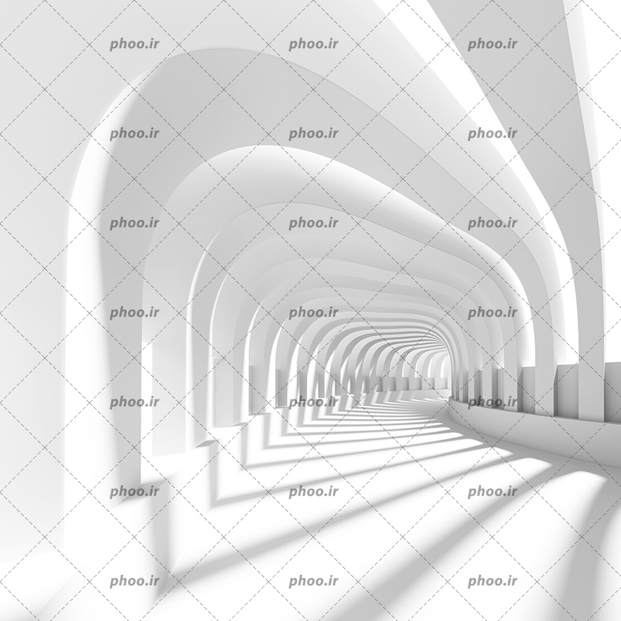 عکس با کیفیت کاغذ دیواری سه بعدی با طرح راهرو زیبا با ستون های سفید و فضای نورانی و سفید