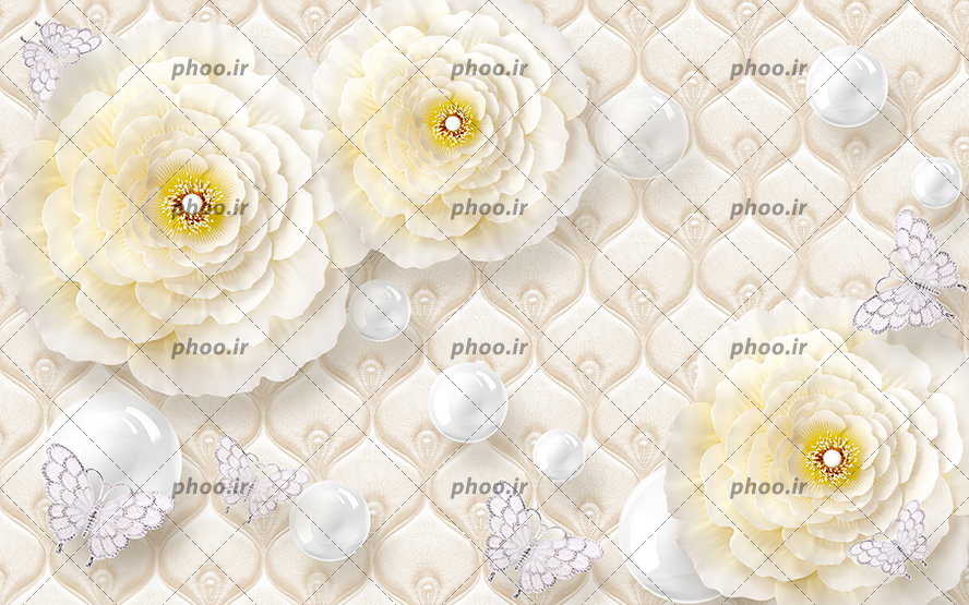 عکس با کیفیت کاغذ دیواری سه بعدی با طرح گل های زیبا به رنگ زرد و لیمویی و پروانه های کوچک در اطراف گل