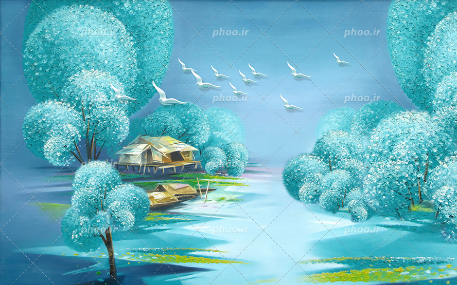 عکس با کیفیت نقاشی دیجیتالی طبیعت و خانه ی درختی و پرنده ها در حال پرواز در آسمان