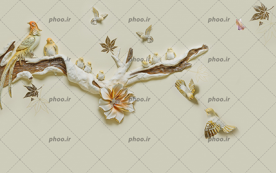 عکس با کیفیت کاغذ دیواری با طرح پرنده ها نشسته بر روی شاخه ی درخت برف نشسته